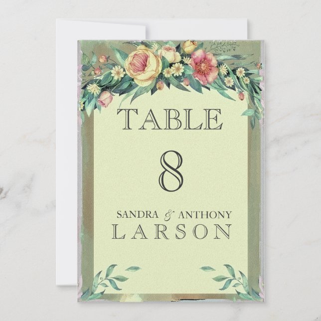 Convites Números de mesa de casamento verde floral em aquar (Frente)