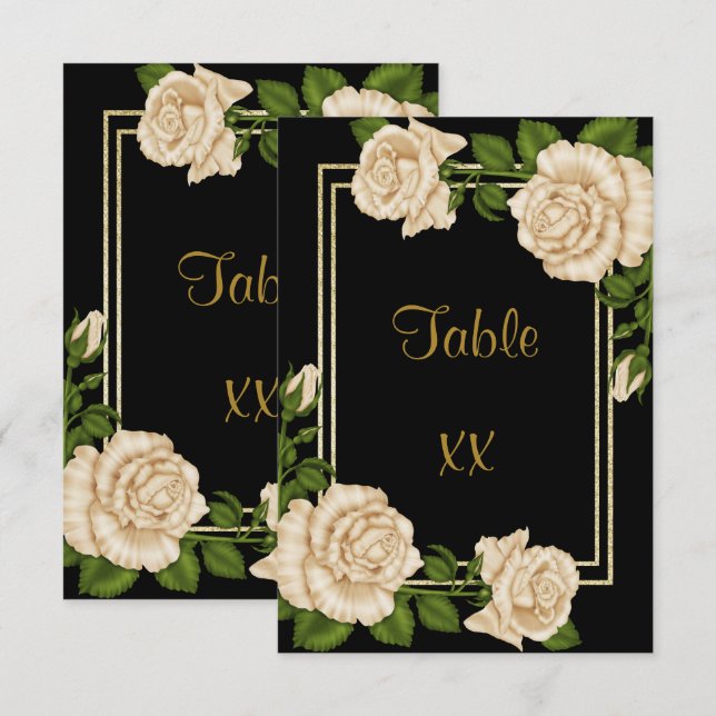 Convites Números de Mesa Elegantes com Rosas de Marfim e Br (Frente/Verso)