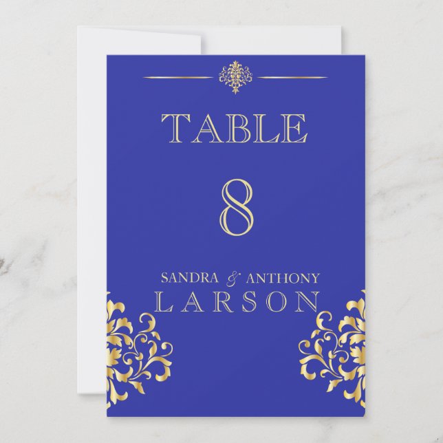 Convites Números de Mesa em Damasko Azul e Dourado Elegante (Frente)