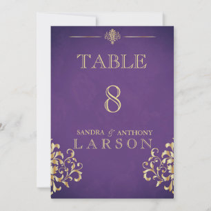 Convites Números de Mesa em Damasko Dourado e Roxo Elegante