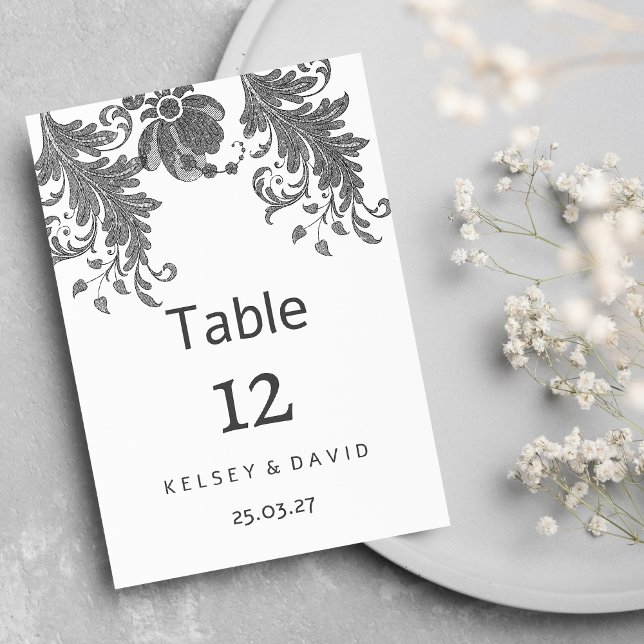 Convites Números de Mesa em renda floral com brilho preto e (Chic black white glitter floral lace Table Numbers)