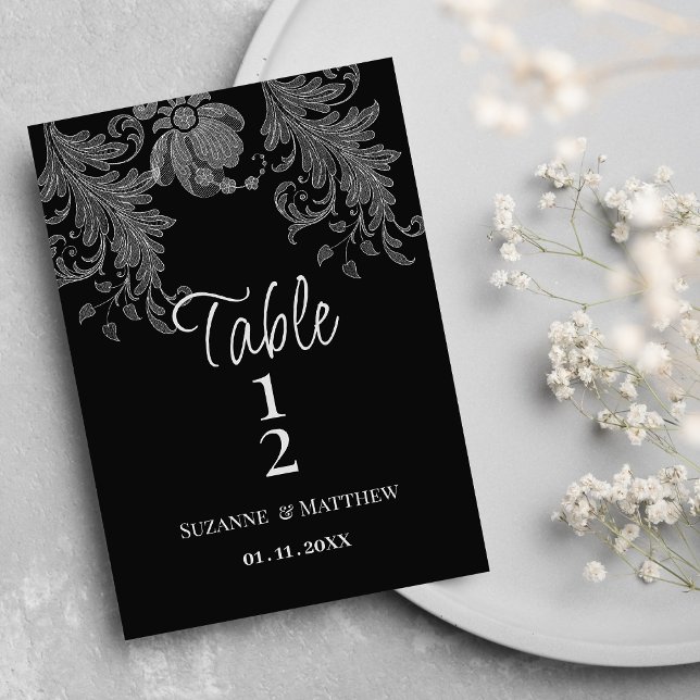 Convites Números de mesa em renda floral preta e branca ele (Elegant black and white floral lace Table Numbers)
