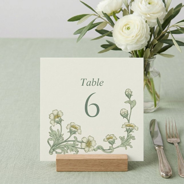 Convites Números de Mesa em Verde Sálvia Botânico Estilo Vi (Vintage style Botanical Sage Green Table Numbers)