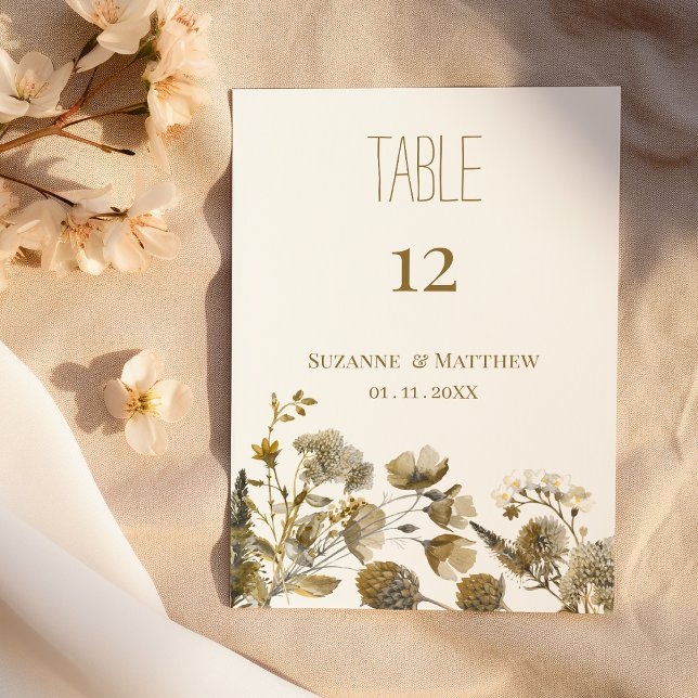 Convites Números de mesa flora marrom branco marfim amarelo (Dark yellow ivory white brown floral Table Numbers)