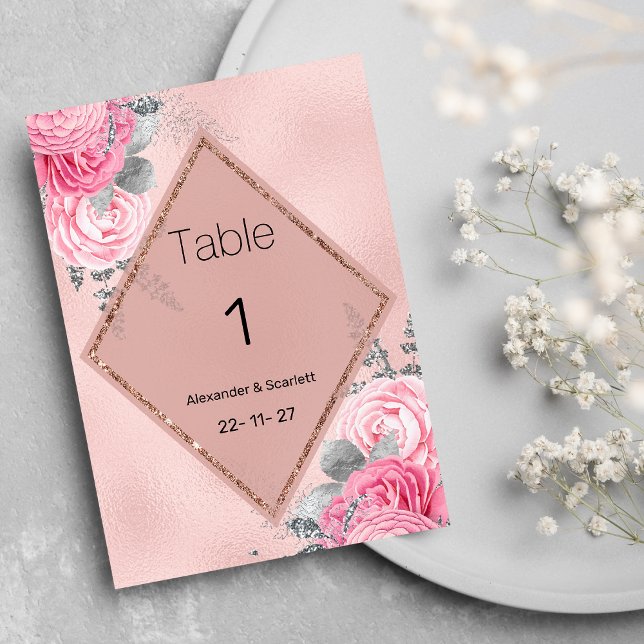 Convites Números de mesa florais de peônia com glitter prat (Pink silver glitter peony floral Table Numbers )