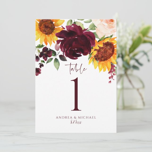 Convites Números de Mesa Girassóis Rosas Borgonha Casamento (Em pé/Frente)