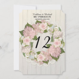 Convites Números de Mesa Hortênsia Rosa Renda Madeira Rústi