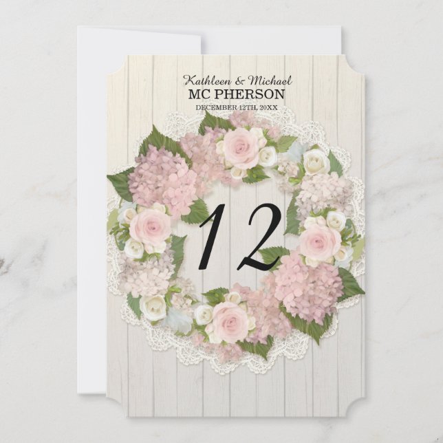 Convites Números de Mesa Hortênsia Rosa Renda Madeira Rústi (Frente)