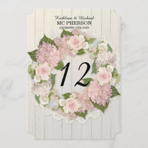 Convites Números de Mesa Hortênsia Rosa Renda Madeira Rústi