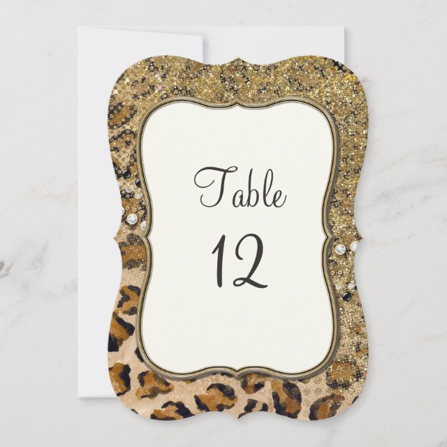 Convites Números de Mesa Padrão Leopardo Brilho Dourado Nat (Frente)