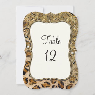 Convites Números de Mesa Padrão Leopardo Brilho Dourado Nat