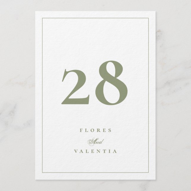 Convites Números de Mesa para Casamento 5 x 7 Elegante Musg (Frente)