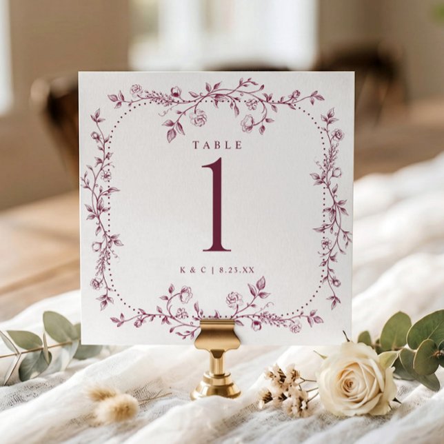 Convites Números de Mesa para Casamento com Toile Floral Ve (Dark wine red square wedding table number with vintage French floral frame.)