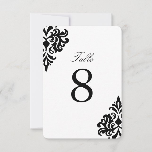 Convites Números de Mesa Preto e Branco em Damask (Frente)