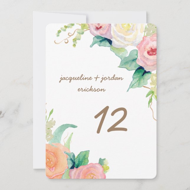 Convites Números de Mesa Rosas de Aquarela Simples Modernas (Frente)