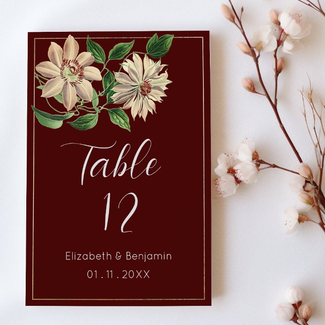 Convites Números de tabela botânica floral verde-brilhante (Burgundy white green floral botanic Table Numbers)