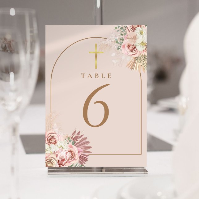 Convites Números de Tabela Cruzada Dourada Floral de Grama  (Pampas Grass Floral Gold Cross Table Numbers)