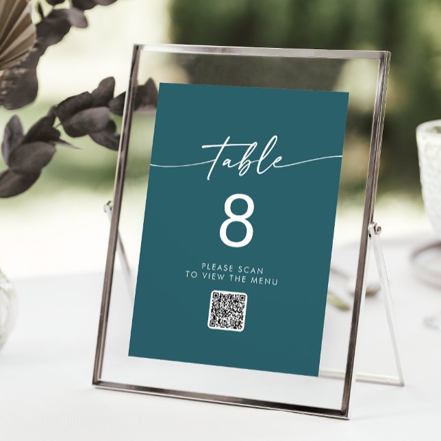 Convites Números de Tabela de Código QR Azul Teal Boho (Criador carregado)