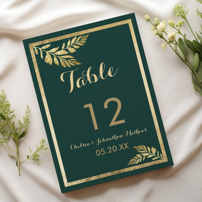 Convites Números de Tabela de Folhas de ouros verdes da flo (Elegant forest green golden leaf Table Numbers)