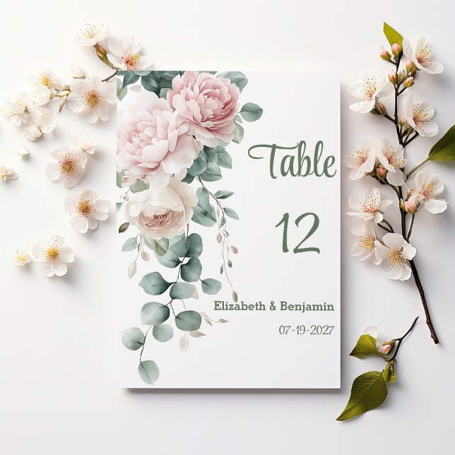 Convites Números de tabela de peões de terras rosa eucalipt (Pink garland peonies eucalyptus leaf Table Numbers )