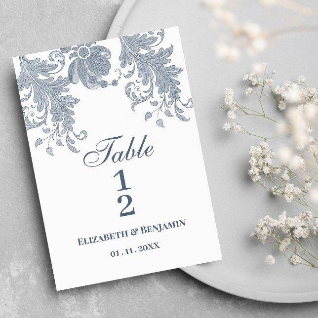 Convites Números de tabela de rendas florais azuis na moda  (Stylish white mauve blue floral lace Table Numbers)