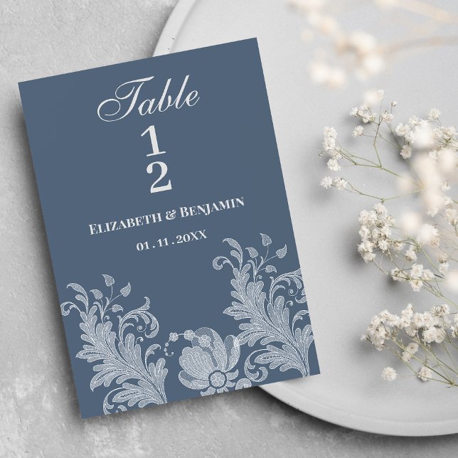 Convites Números de tabela de rendas florais brancas e azui (Simple mauve blue white floral lace Table Numbers)