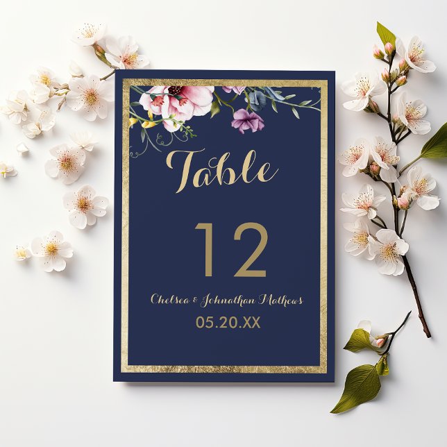 Convites Números de tabela florais cor-de-rosa azul-marinho (Elegant navy blue gold pink floral Table Numbers)