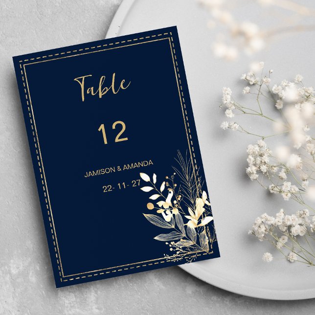 Convites Números de tabela florais simples marinho azul-our (Simple chic navy blue gold floral Table Numbers )