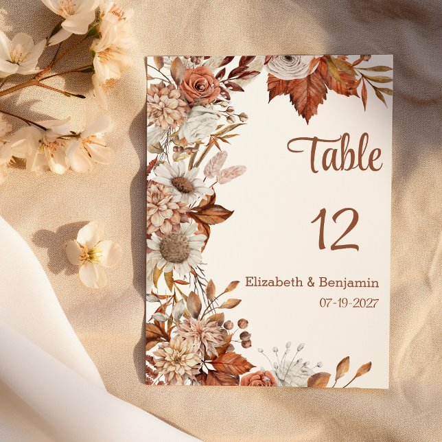 Convites Números de Tabela Rústica da flora laranja branca  (Brown white orange fall flora rustic Table Numbers)