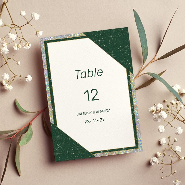 Convites Números geométricos de tabela de brilho verde-escu (Geometric dark green gold sparkle Table Numbers)