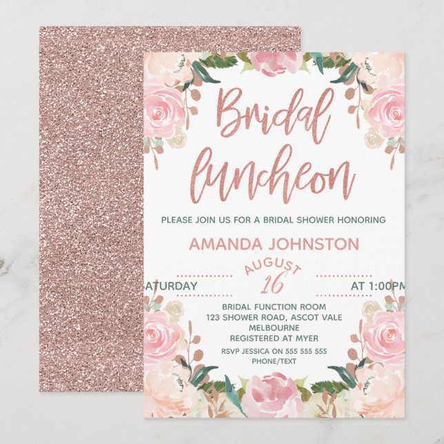 Convites nupciais Dourados cor-de-rosa florais do (Frente/Verso)