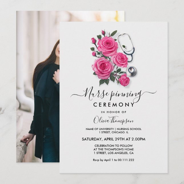 Convites Nurse Pinning Ceremony Invitation | RN BSN Graduat (Frente/Verso)
