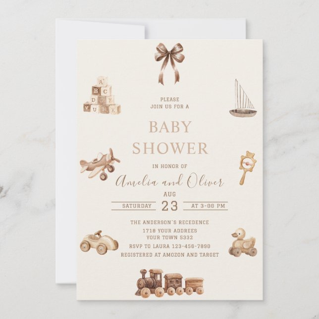 Convites Nursery Boho em aquarela brinquedos bege chá de be (Frente)