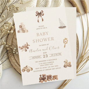 Convites Nursery Boho Watercolor brinquedos bege chá de beb