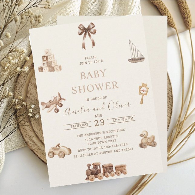 Convites Nursery Boho Watercolor brinquedos bege chá de beb (Criador carregado)