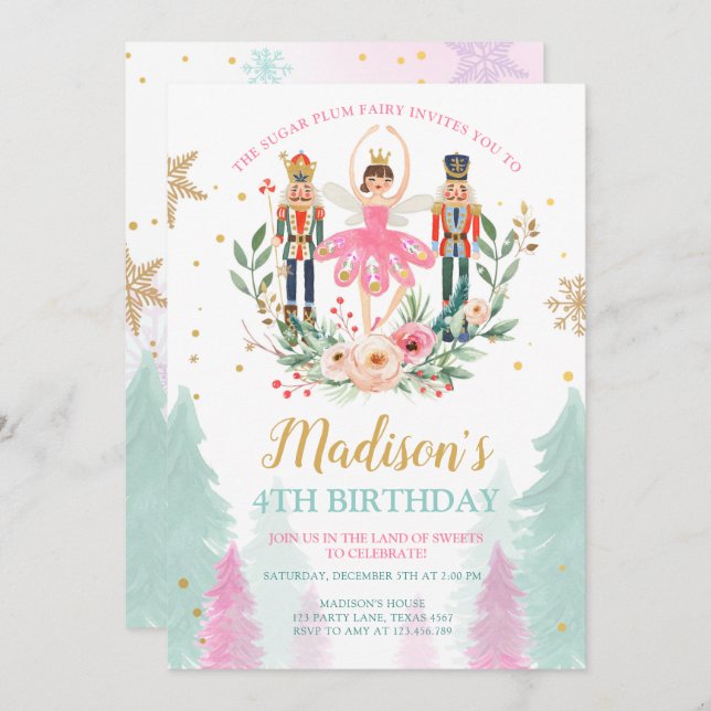 Convites Nutcracker Birthday Garota Balé Suger Plum (Frente/Verso)