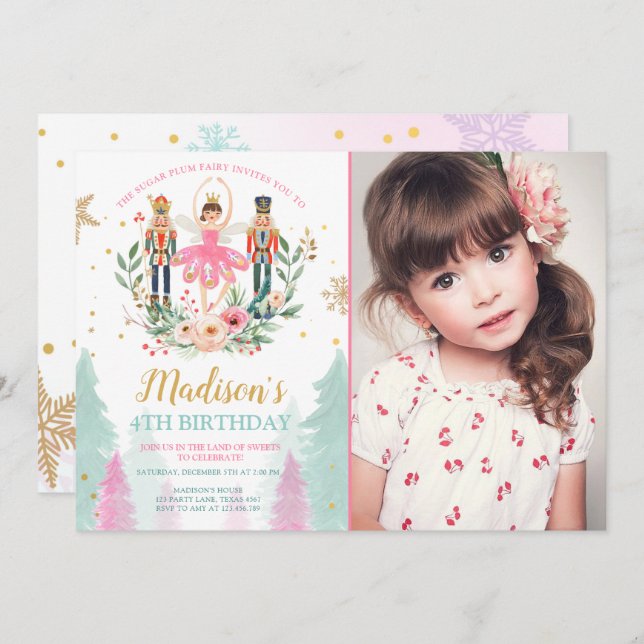 Convites Nutcracker Birthday Garota Balé Suger Plum (Frente/Verso)