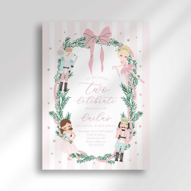 Convites Nutcracker de Ballet com Laço Listrado Rosa para 2 (Criador carregado)