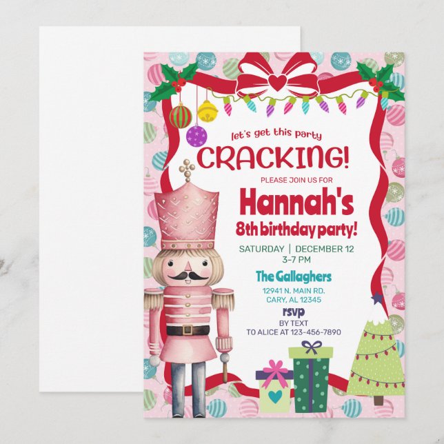 Convites Nutcracker girl Christmas birthday invite. (Frente/Verso)