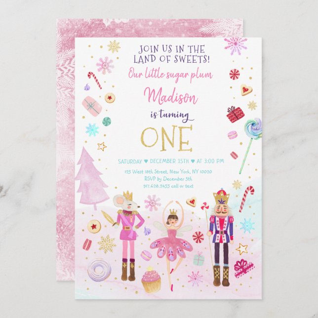 Convites Nutcracker Land of Sweets Winter First Birday (Frente/Verso)