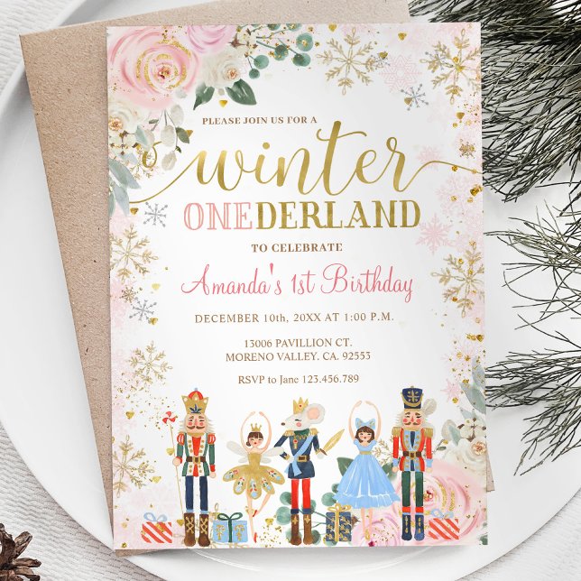 Convites Nutcracker Pink Snowflakes Onederland Aniversário (Criador carregado)