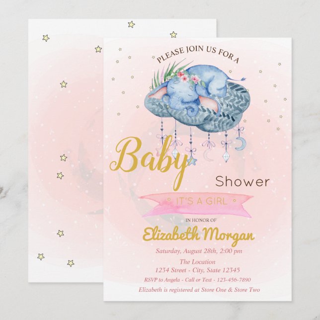 Convites Nuvem de Elefante para Bebês, Chá de fraldas de Es (Frente/Verso)
