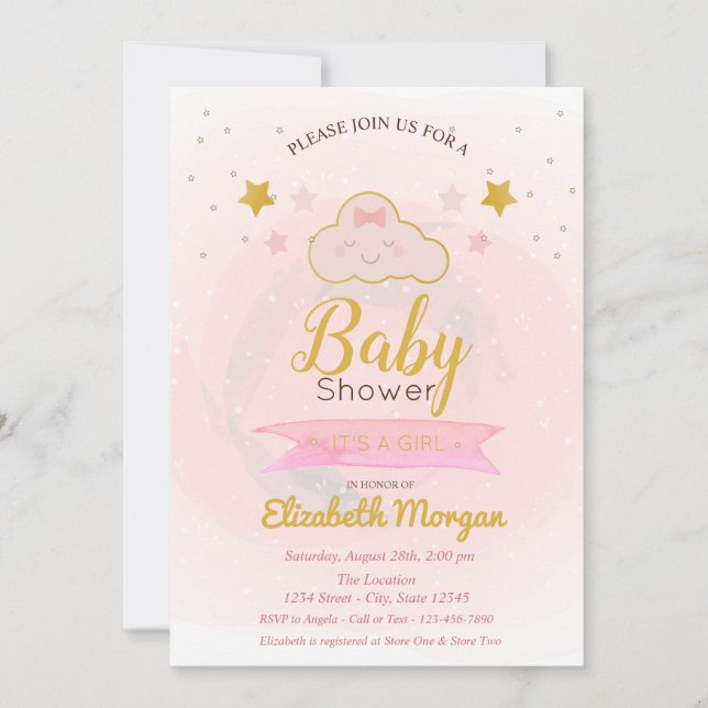 Convites Nuvem Fofa, Estrelas É um Chá de Bebê Menina (Frente)