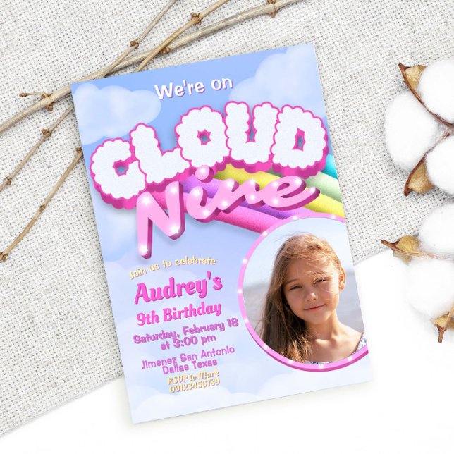 Convites Nuvem Nove - 9º Aniversário com Foto (Cloud Nine - 9th Birthday with Picture Photo Invitation)