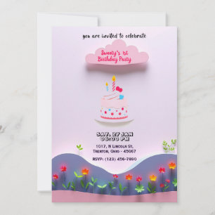 Convites Nuvem Rosa com Bolo de Aniversário e Plantas