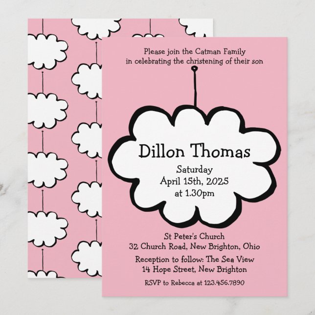 Convites Nuvem rosa sobre um batismo cristal (Frente/Verso)