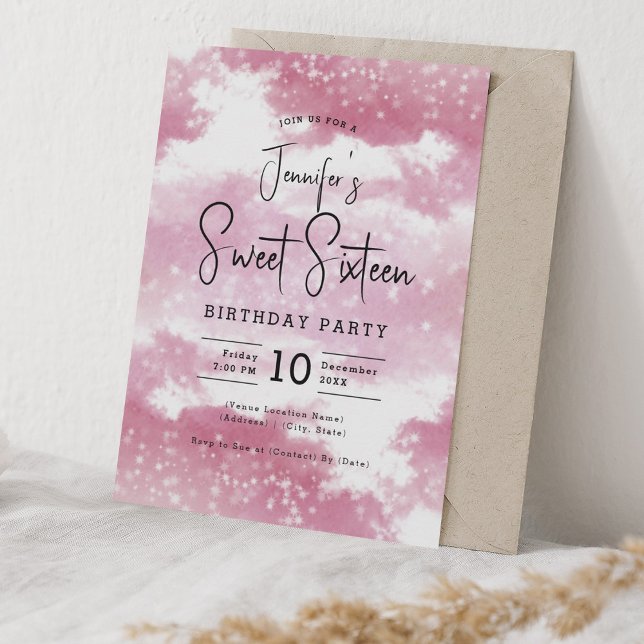 Convites Nuvens de Aquarela Cor-de-Rosa Negras Doce 16 Fest (Blush Pink Watercolor Clouds Sweet 16 Party Invitation)