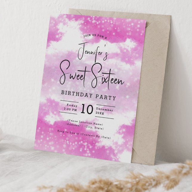Convites Nuvens de Aquarela Rosa Quente, Doce Festa 16 (Hot Pink Watercolor Clouds Sweet 16 Party Invitation)