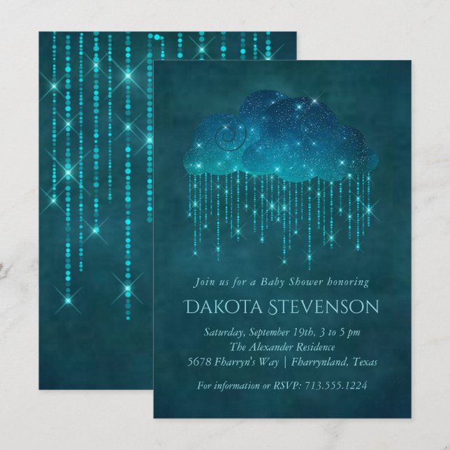 Convites Nuvens de Chuva Espumantes | Moody Teal Chá de fra (Frente/Verso)