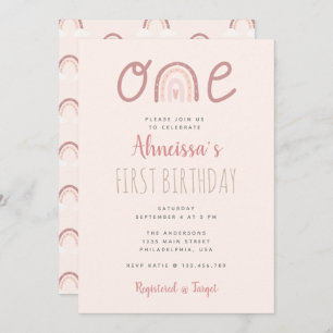 Convites Nuvens do Arco-Íris Rosa Pastel Primeiro Aniversár